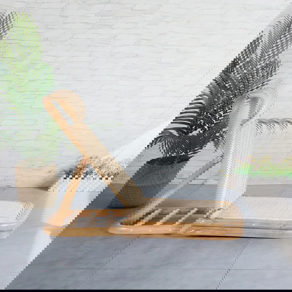 Scandinavian Rattan & Wood Outdoor Long Reclining Chaise Patio Lounge Chair in Natural - 