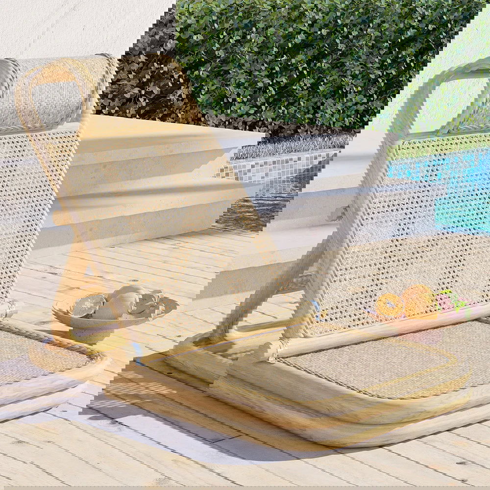 Scandinavian Rattan & Wood Outdoor Long Reclining Chaise Patio Lounge Chair in Natural - 