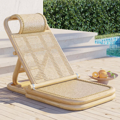 Scandinavian Rattan & Wood Outdoor Long Reclining Chaise Patio Lounge Chair in Natural - 