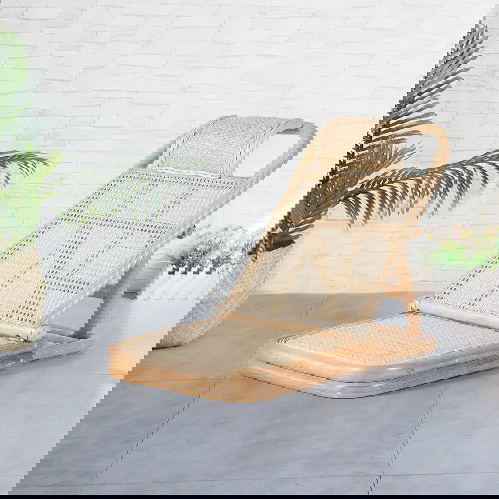 Scandinavian Rattan & Wood Outdoor Long Reclining Chaise Patio Lounge Chair in Natural - 