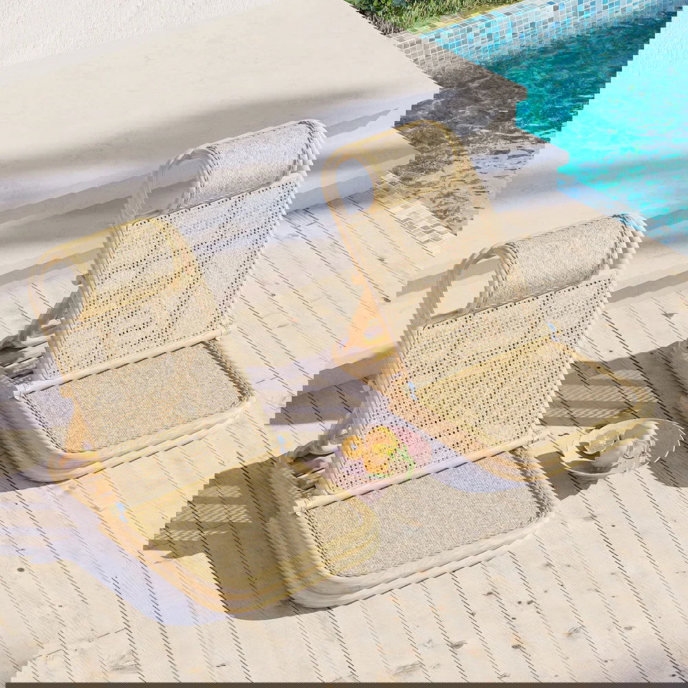 Scandinavian Rattan & Wood Outdoor Long Reclining Chaise Patio Lounge Chair in Natural - 