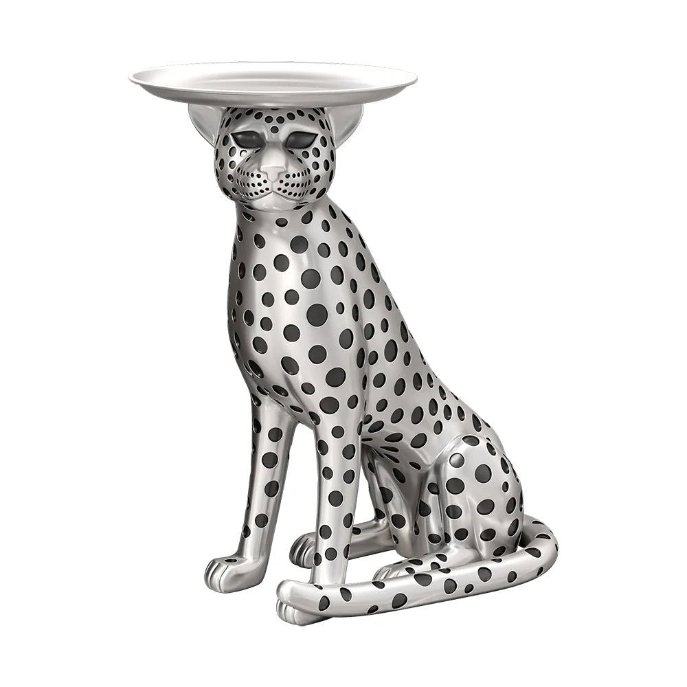 Silver Leopard Accent Side Table with Tray Top Resin Panther End Table Drink Table - 
