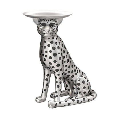 Silver Leopard Accent Side Table with Tray Top Resin Panther End Table Drink Table - 