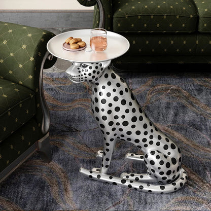 Silver Leopard Accent Side Table with Tray Top Resin Panther End Table Drink Table - 