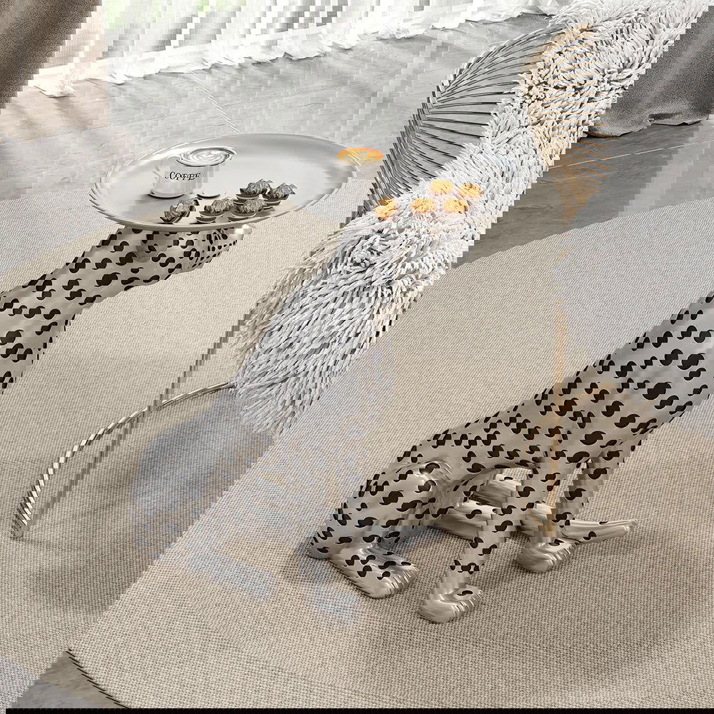 Silver Leopard Accent Side Table with Tray Top Resin Panther End Table Drink Table - 