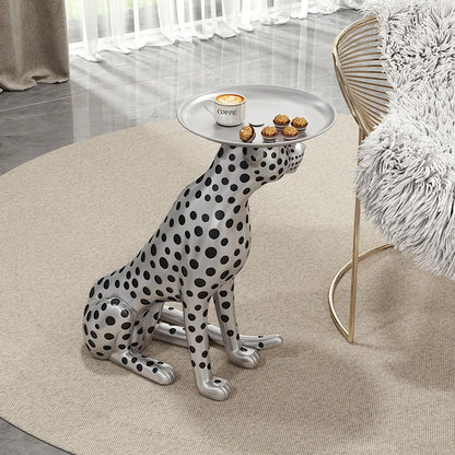 Silver Leopard Accent Side Table with Tray Top Resin Panther End Table Drink Table - 