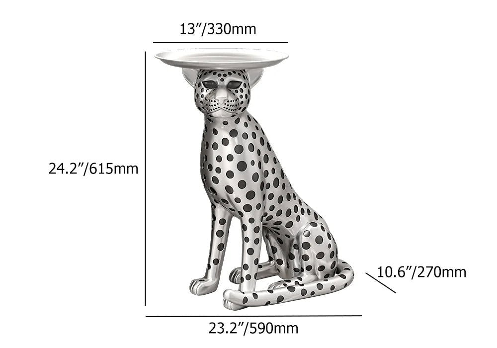 Silver Leopard Accent Side Table with Tray Top Resin Panther End Table Drink Table - 