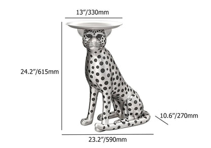 Silver Leopard Accent Side Table with Tray Top Resin Panther End Table Drink Table - 