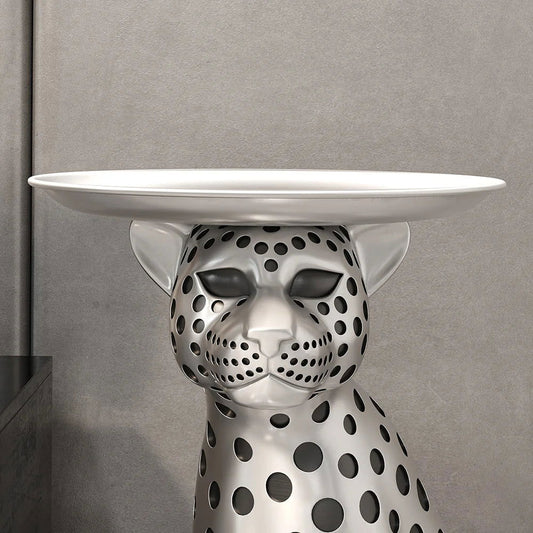 Silver Leopard Accent Side Table with Tray Top Resin Panther End Table Drink Table - Homary