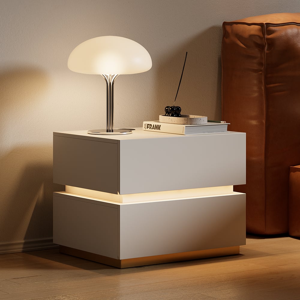 Smart LED Nightstand Wireless Charging Station Bedside Table with Light in White - 