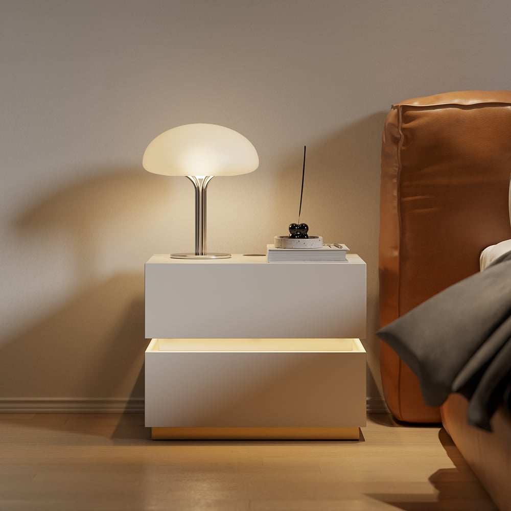 Smart LED Nightstand Wireless Charging Station Bedside Table with Light in White - 