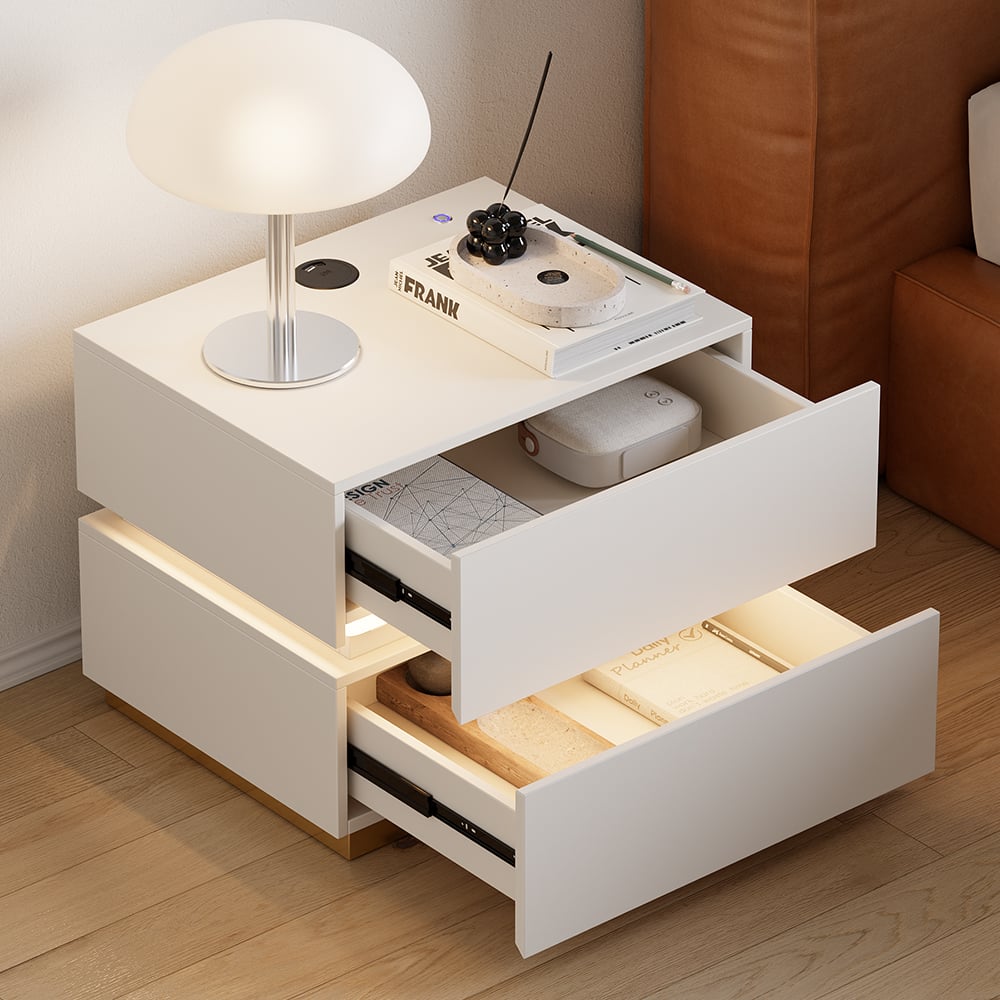 Smart LED Nightstand Wireless Charging Station Bedside Table with Light in White - 