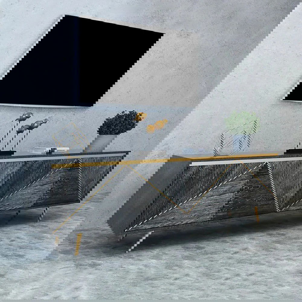 Spaint Grey and Gold Modern TV Stand with 4 Doors for TVs up to 1905mm - 