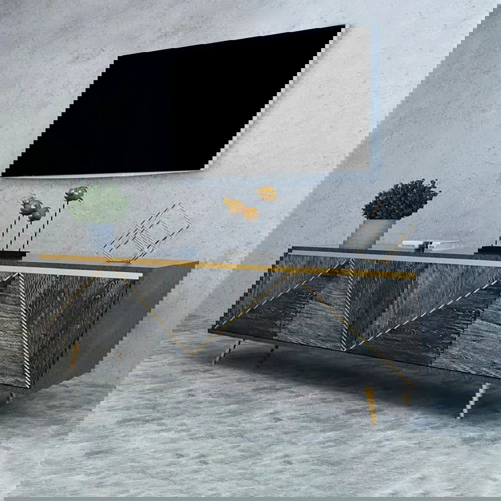 Spaint Grey and Gold Modern TV Stand with 4 Doors for TVs up to 1905mm - 