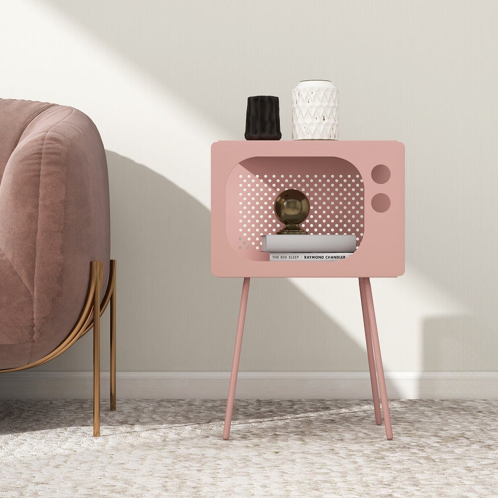 Stert Modern End Table in Television Shape Hollow Side Table in Fresh Pink - 