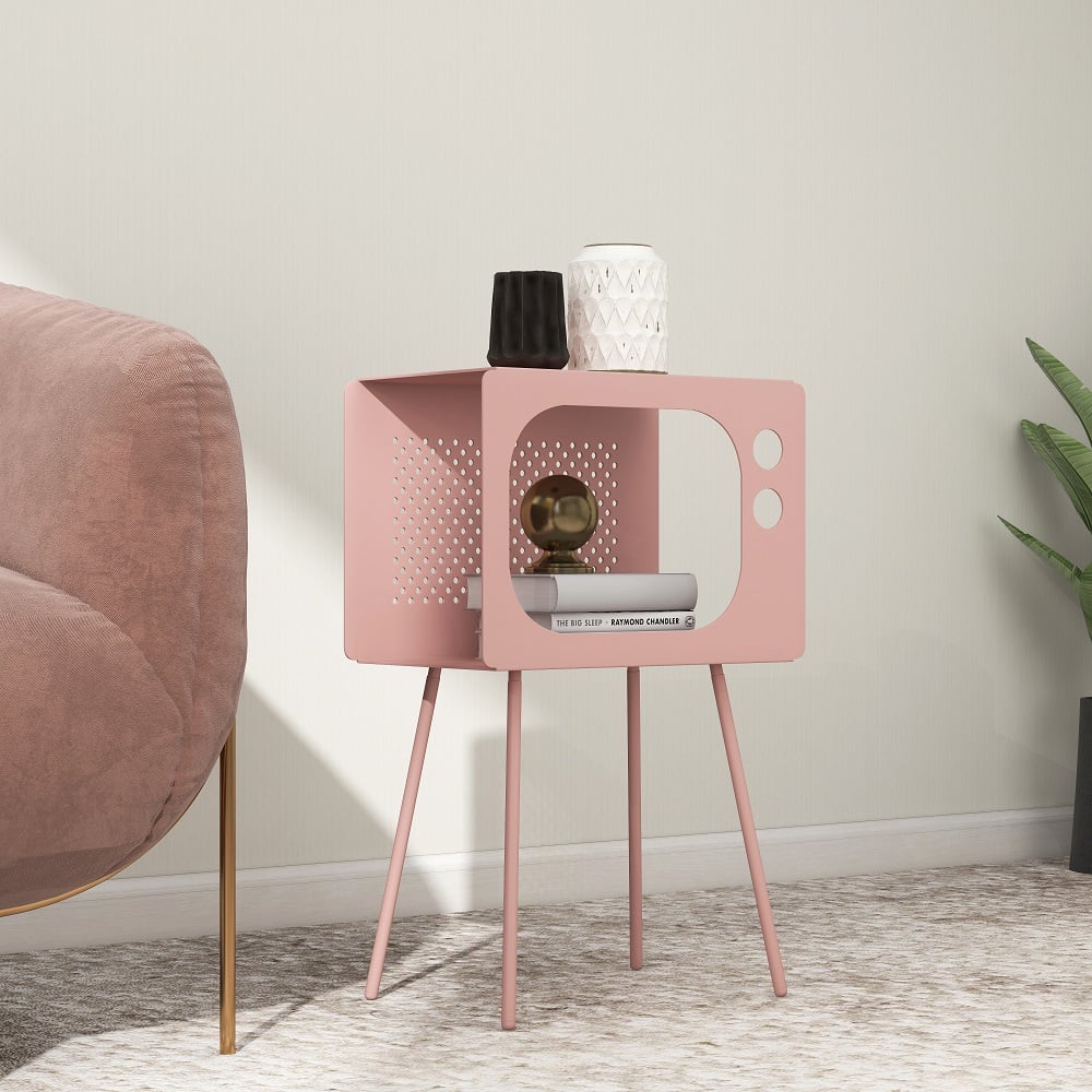 Stert Modern End Table in Television Shape Hollow Side Table in Fresh Pink - 