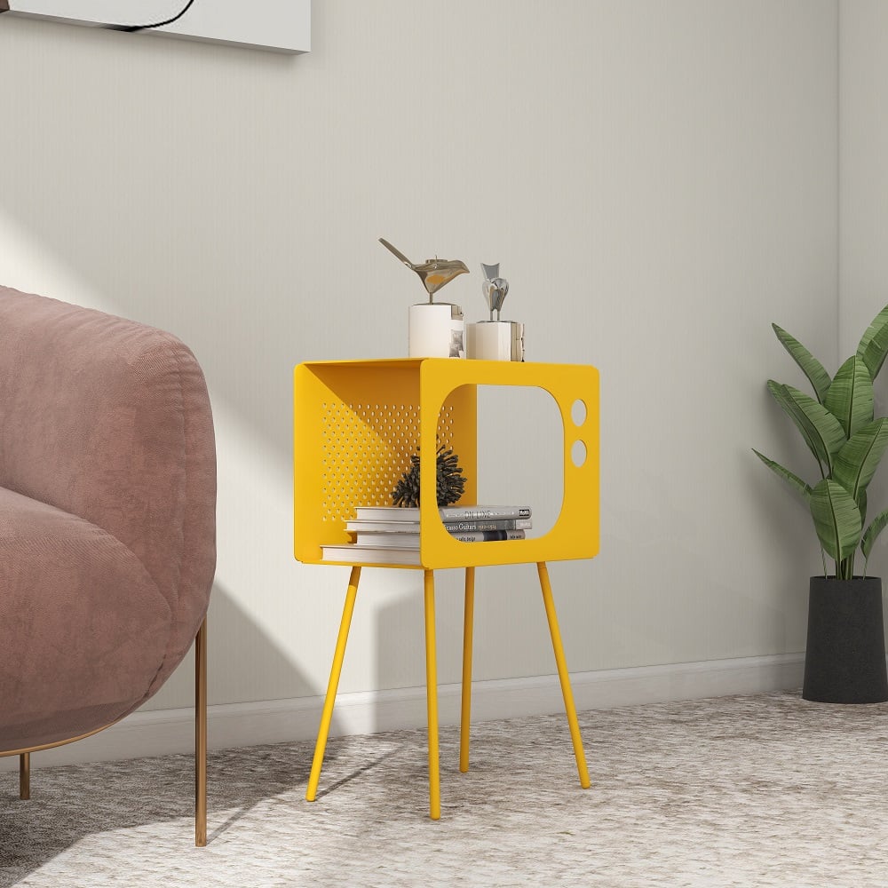 Stert Modern End Table in Television Shape Hollow Side Table in Fresh Yellow - 