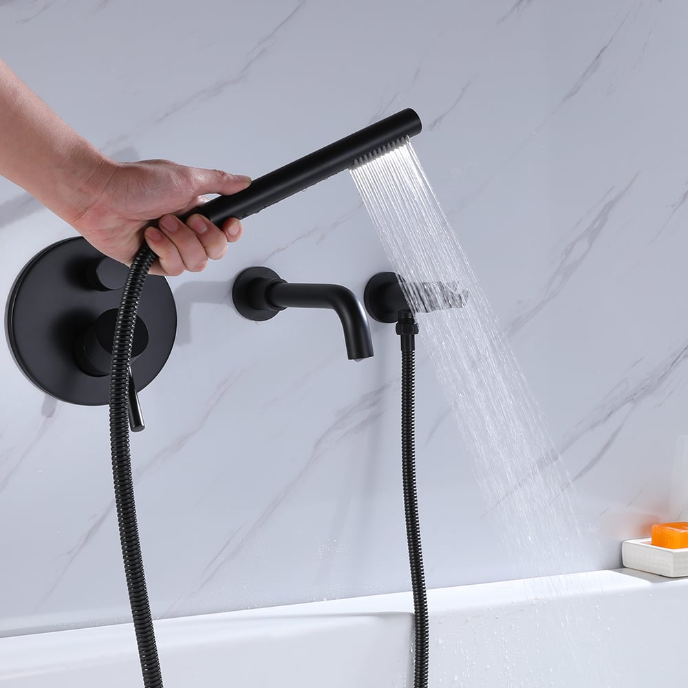Stev Modern Wall-Mount Matte Black Bath Filler Mixer Tap with Handshower Solid Brass - 