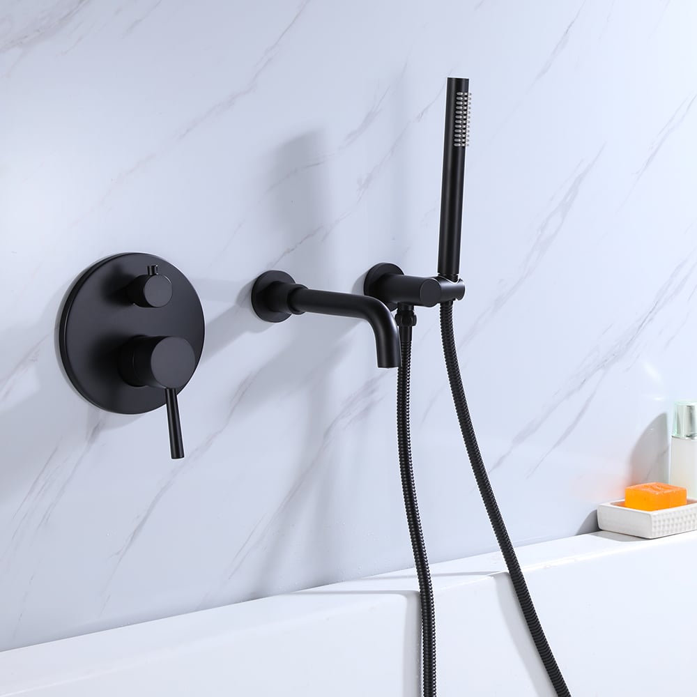 Stev Modern Wall-Mount Matte Black Bath Filler Mixer Tap with Handshower Solid Brass - 