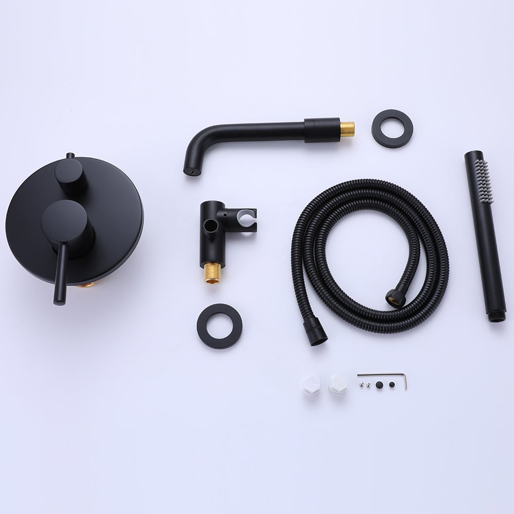 Stev Modern Wall-Mount Matte Black Bath Filler Mixer Tap with Handshower Solid Brass - 
