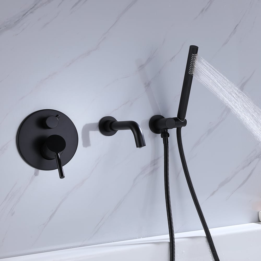 Stev Modern Wall-Mount Matte Black Bath Filler Mixer Tap with Handshower Solid Brass - 