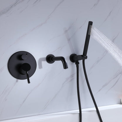 Stev Modern Wall-Mount Matte Black Bath Filler Mixer Tap with Handshower Solid Brass - 