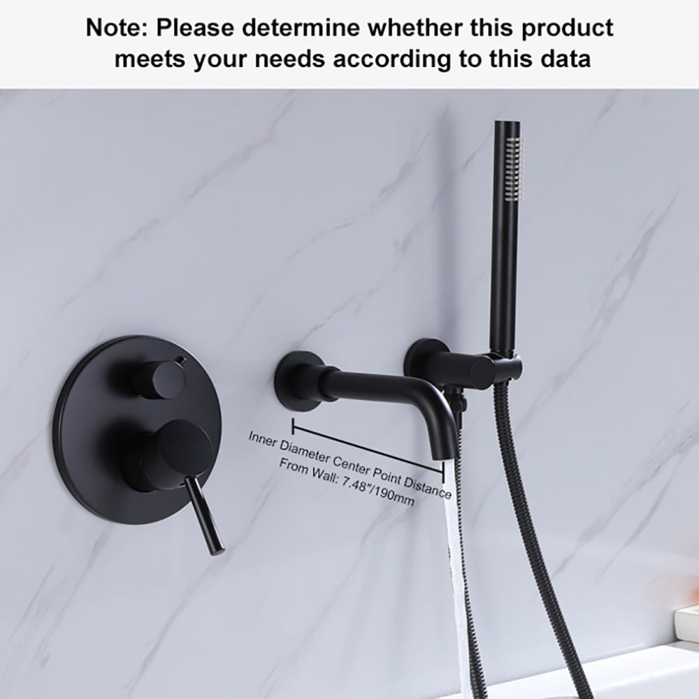 Stev Modern Wall-Mount Matte Black Bath Filler Mixer Tap with Handshower Solid Brass - 