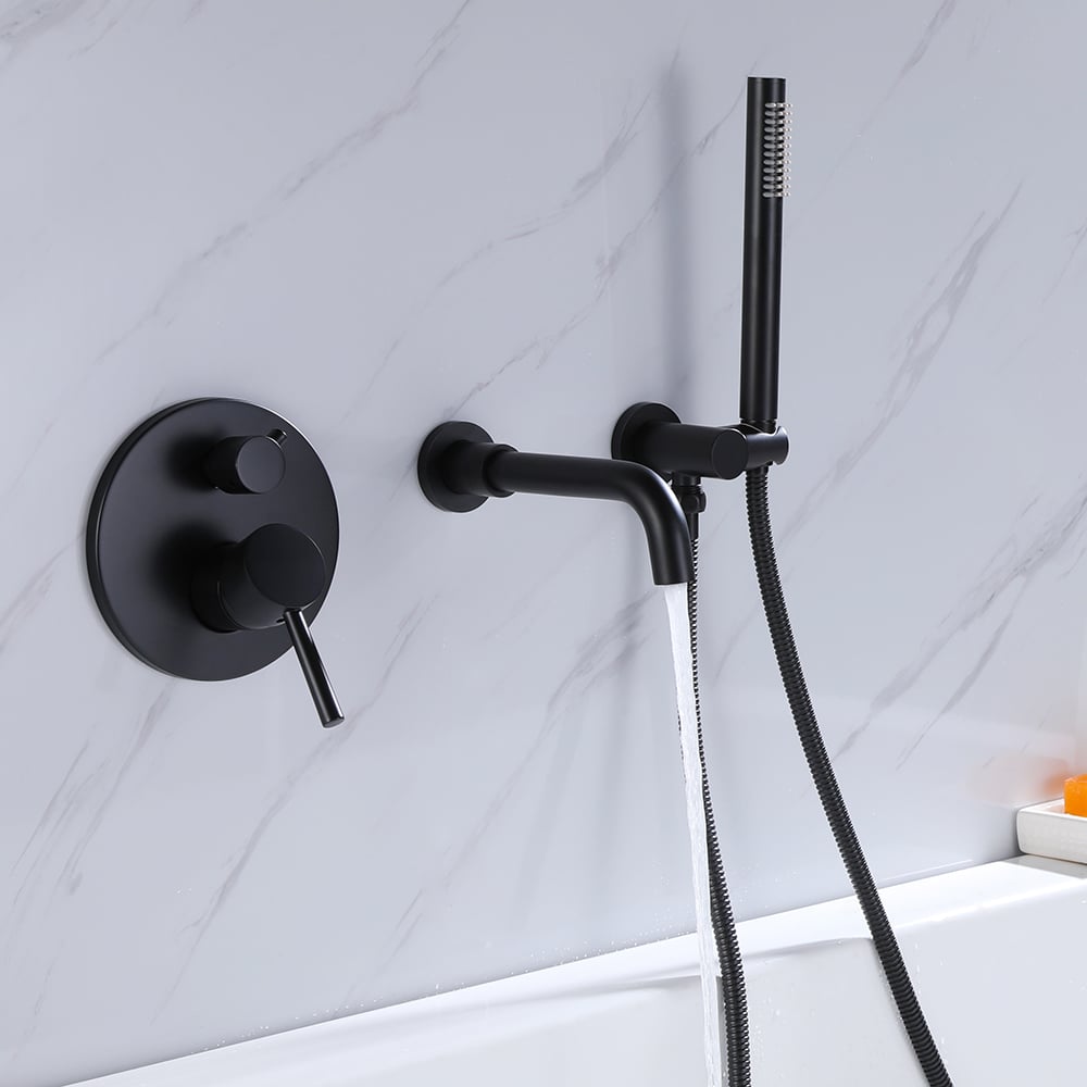 Stev Modern Wall-Mount Matte Black Bath Filler Mixer Tap with Handshower Solid Brass - 