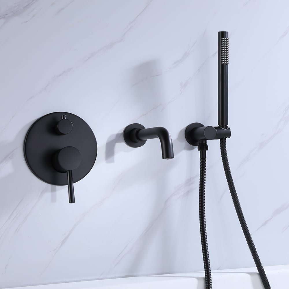Stev Modern Wall-Mount Matte Black Bath Filler Mixer Tap with Handshower Solid Brass - Homary