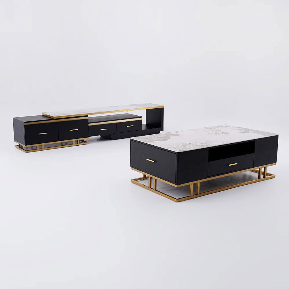 Stonesk Modern TV Stand & Coffee Table Set for 2540mm TV in Black with Drawers - 