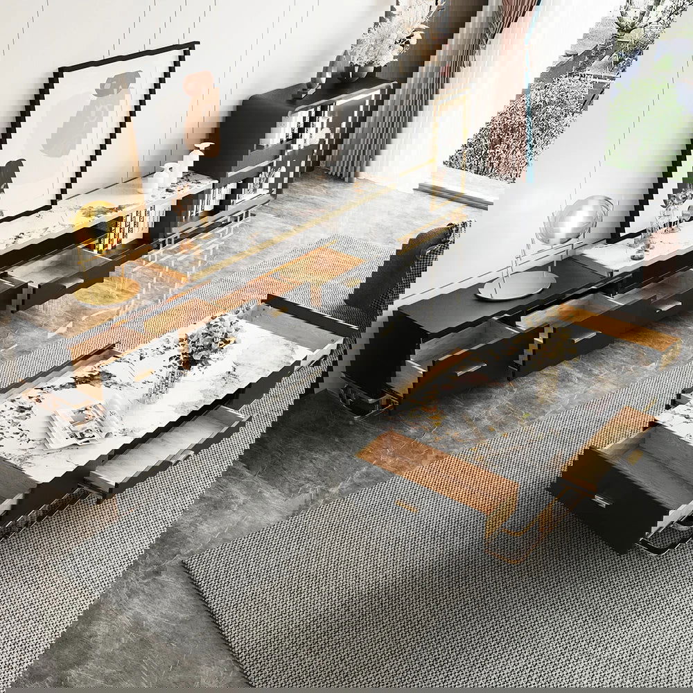 Stonesk Modern TV Stand & Coffee Table Set for 2540mm TV in Black with Drawers - Homary