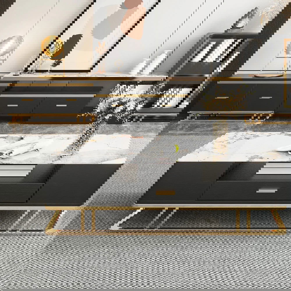 Stonesk Modern TV Stand & Coffee Table Set for 2540mm TV in Black with Drawers - Homary