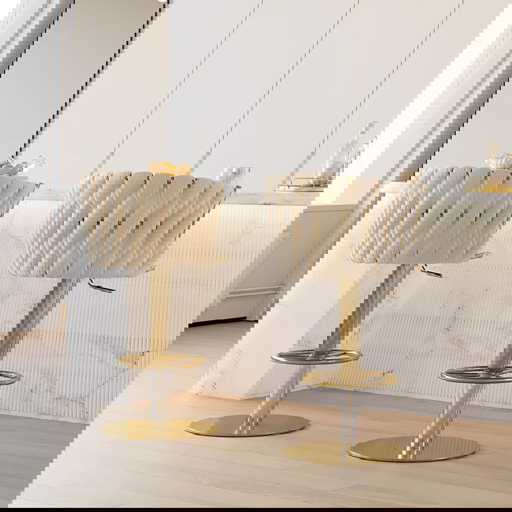 Sweave Off White Swivel Bar Stools Velvet Curved Back Adjustable Height Set of 2 - 