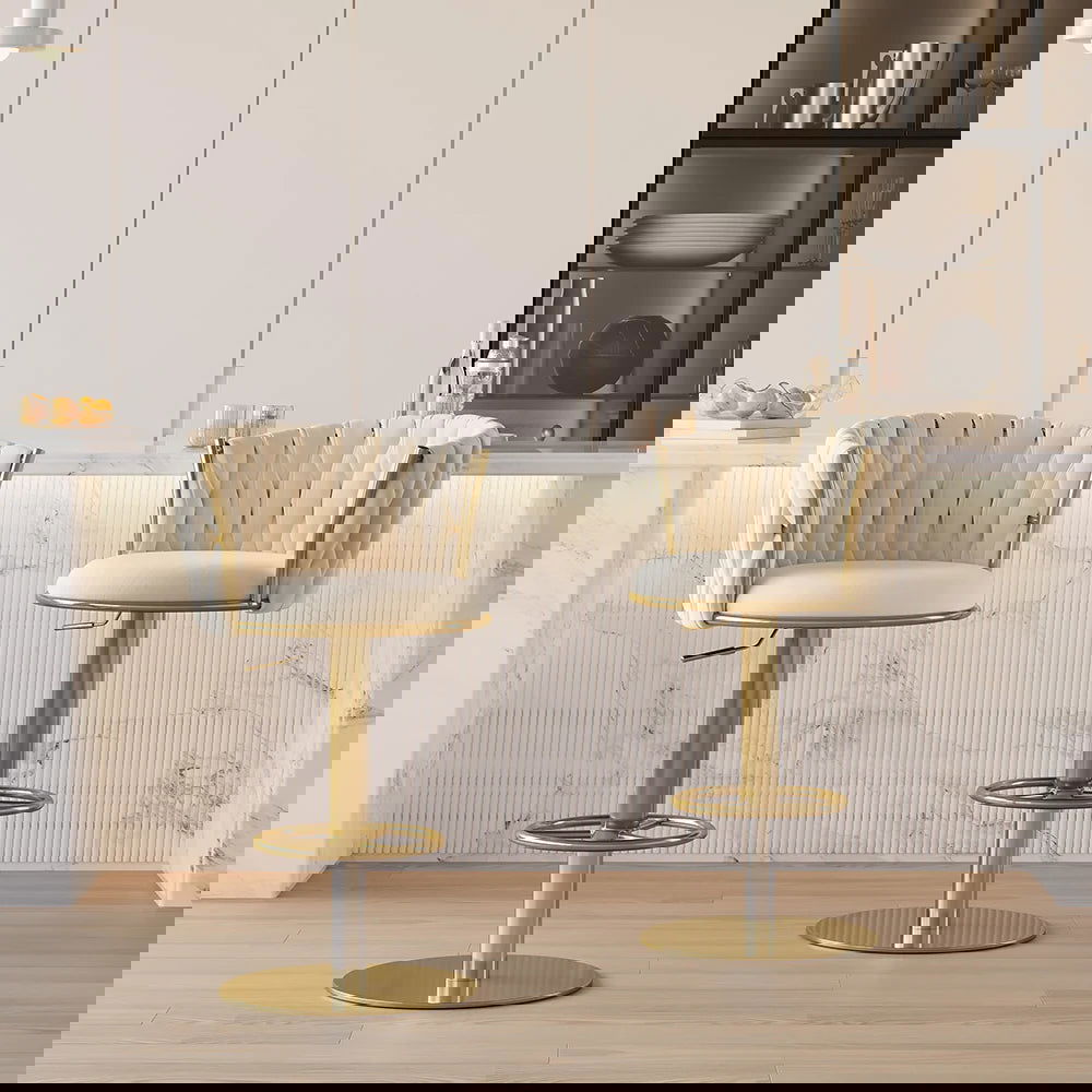 Sweave Off White Swivel Bar Stools Velvet Curved Back Adjustable Height Set of 2 - Homary