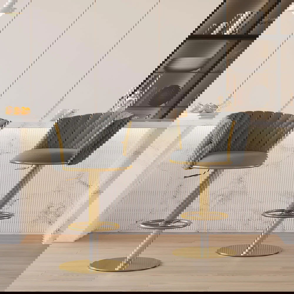 Sweave Set of 2 Grey Swivel Bar Stools Velvet Curved Back Adjustable Height - Homary