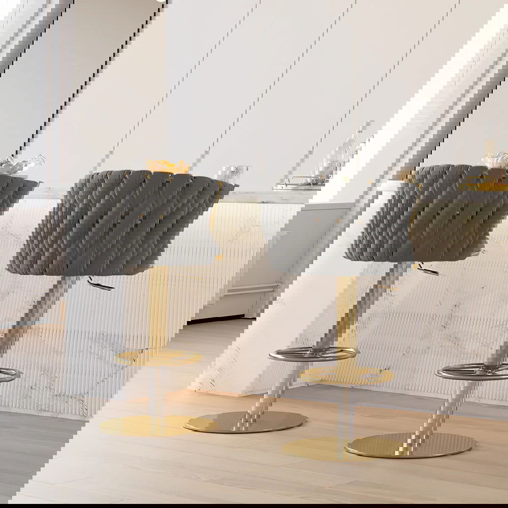 Sweave Set of 2 Grey Swivel Bar Stools Velvet Curved Back Adjustable Height - Homary