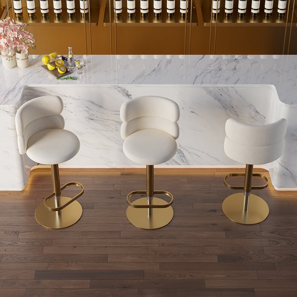 Swivel Bar Stool for Kitchen Island Curved Back Beige Velvet Adjustable Height in Gold - 