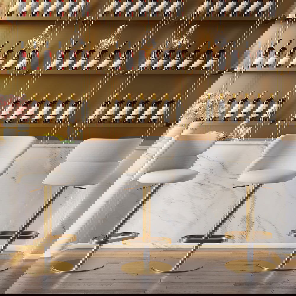 Swivel Bar Stool for Kitchen Island Curved Back Beige Velvet Adjustable Height in Gold - 