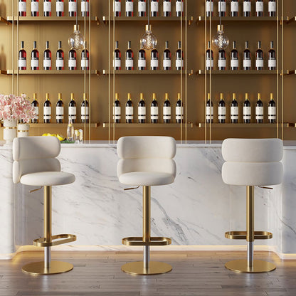 Swivel Bar Stool for Kitchen Island Curved Back Beige Velvet Adjustable Height in Gold - 