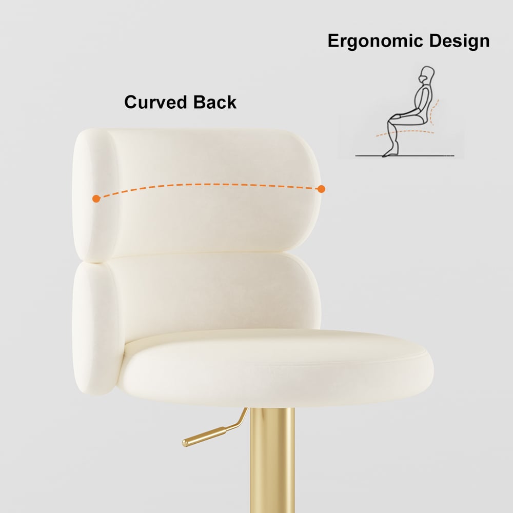Swivel Bar Stool for Kitchen Island Curved Back Beige Velvet Adjustable Height in Gold - 