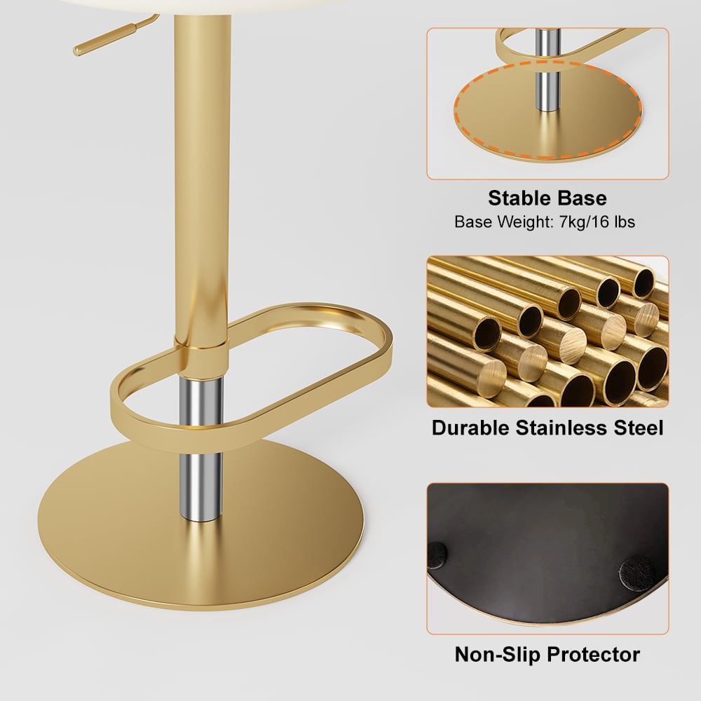 Swivel Bar Stool for Kitchen Island Curved Back Beige Velvet Adjustable Height in Gold - 