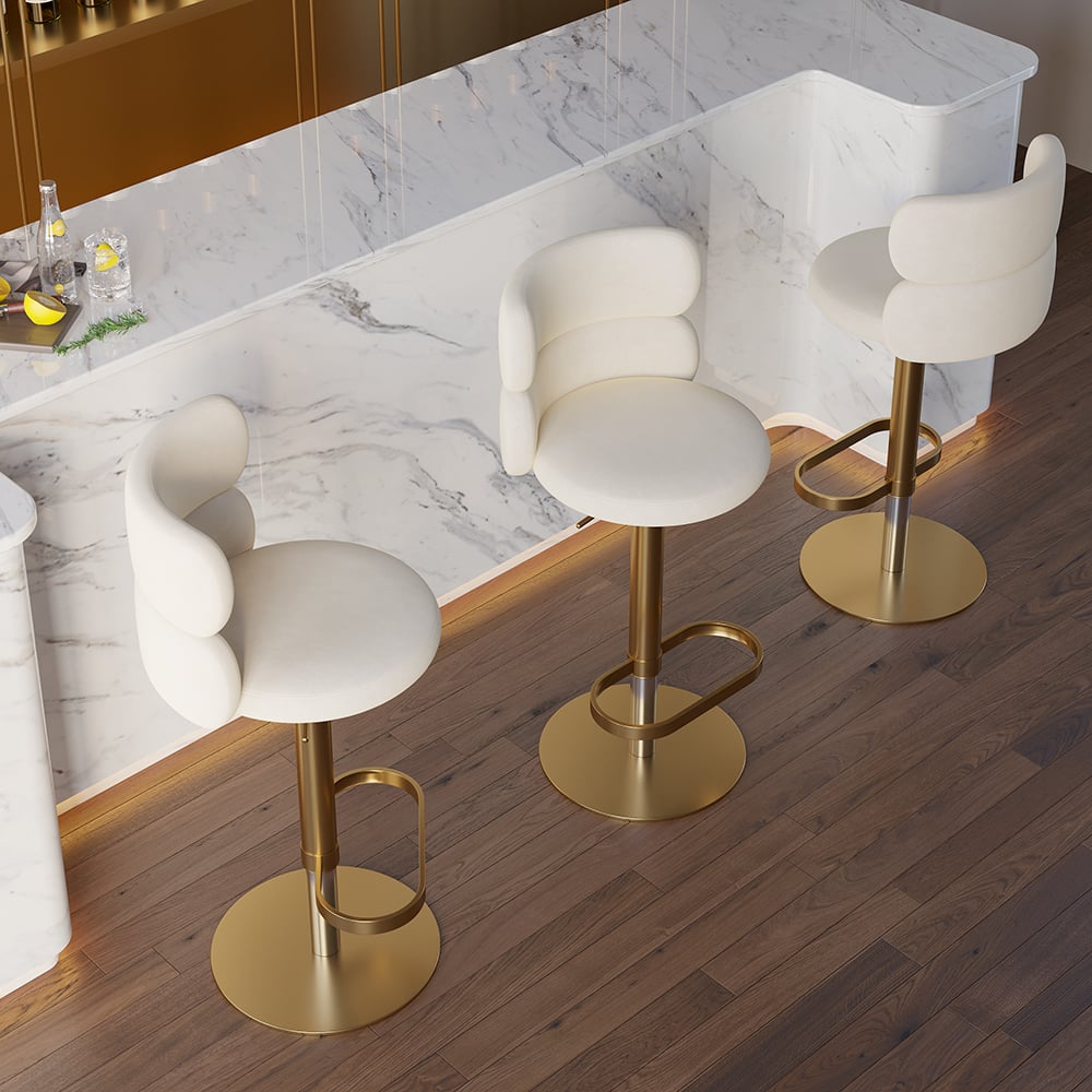 Swivel Bar Stool for Kitchen Island Curved Back Beige Velvet Adjustable Height in Gold - 