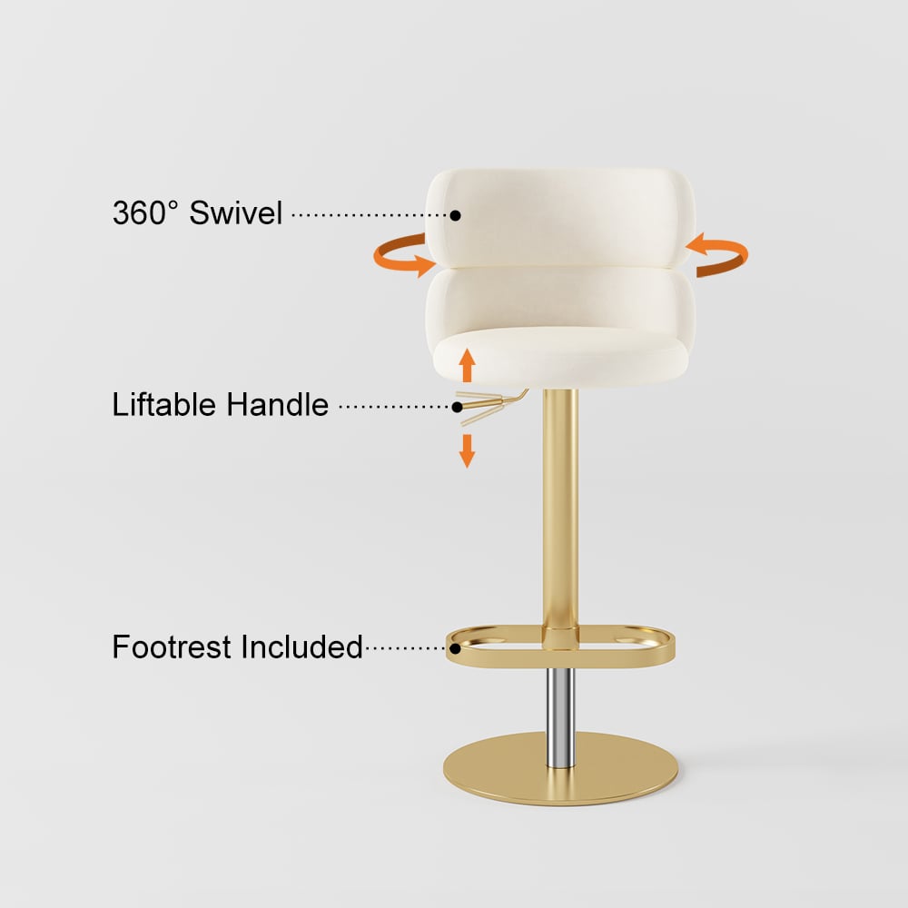 Swivel Bar Stool for Kitchen Island Curved Back Beige Velvet Adjustable Height in Gold - 