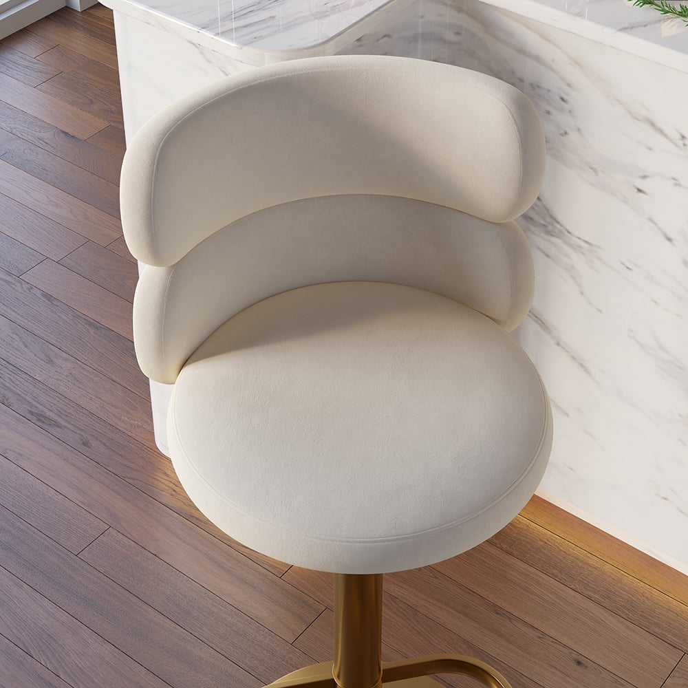 Swivel Bar Stool for Kitchen Island Curved Back Beige Velvet Adjustable Height in Gold - 