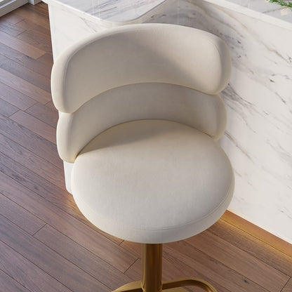 Swivel Bar Stool for Kitchen Island Curved Back Beige Velvet Adjustable Height in Gold - 