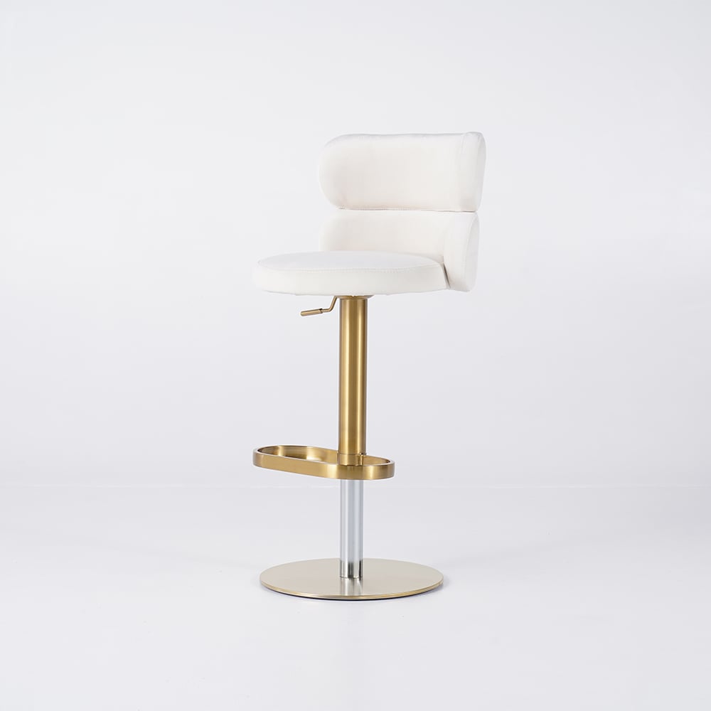 Swivel Bar Stool for Kitchen Island Curved Back Beige Velvet Adjustable Height in Gold - 