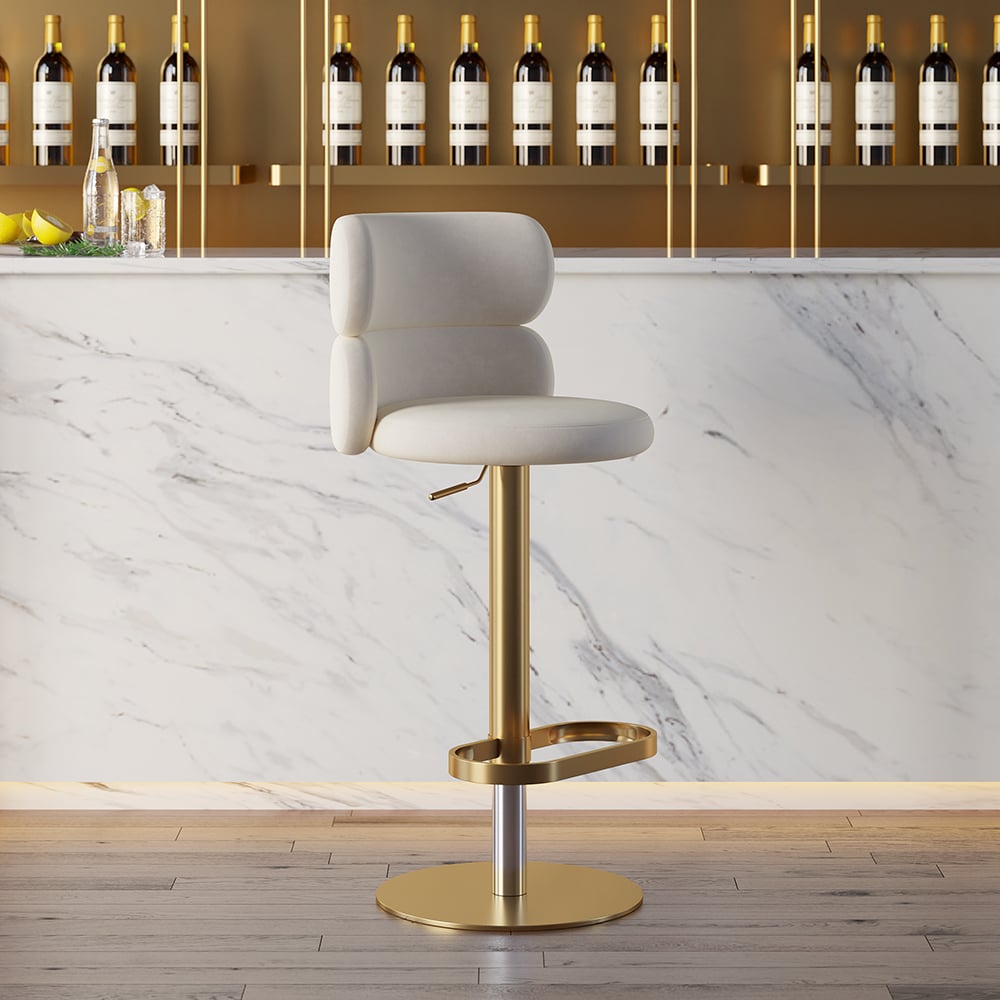 Swivel Bar Stool for Kitchen Island Curved Back Beige Velvet Adjustable Height in Gold - Homary