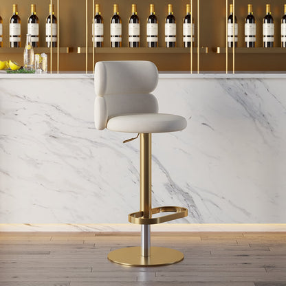 Swivel Bar Stool for Kitchen Island Curved Back Beige Velvet Adjustable Height in Gold - Homary