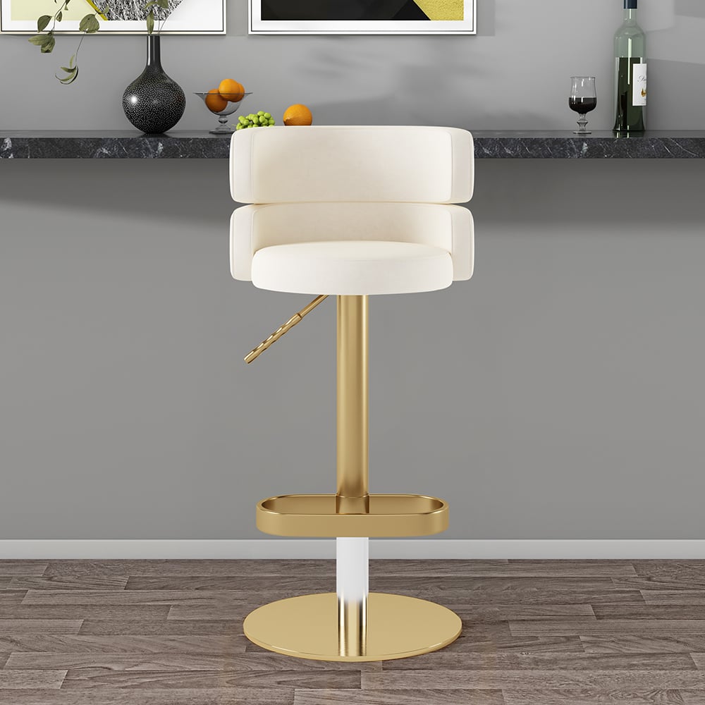 Swivel Bar Stool for Kitchen Island Curved Back Beige Velvet Adjustable Height in Gold - Homary