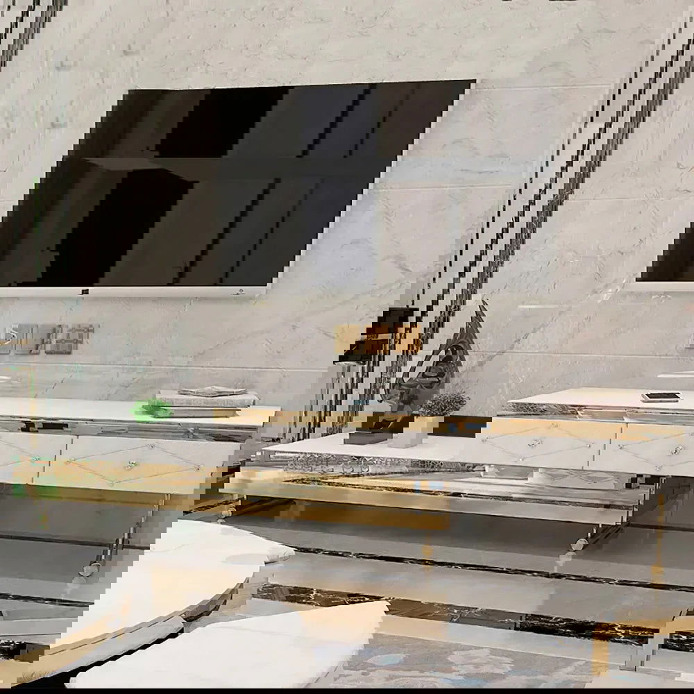 TV Stand Tempered Glass Top Extendable Entertainment 3-Drawer Cabinet in Gold - Approved By Design